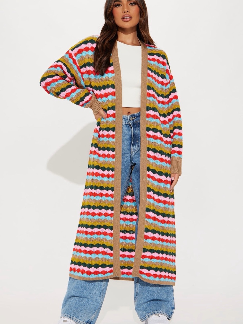 Fashion Nova Long Multicolor Striped Open-Front Cardigan with Brown Trim